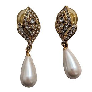 Vintage Rhinestone and Faux Oval Pearl Dangle Earrings